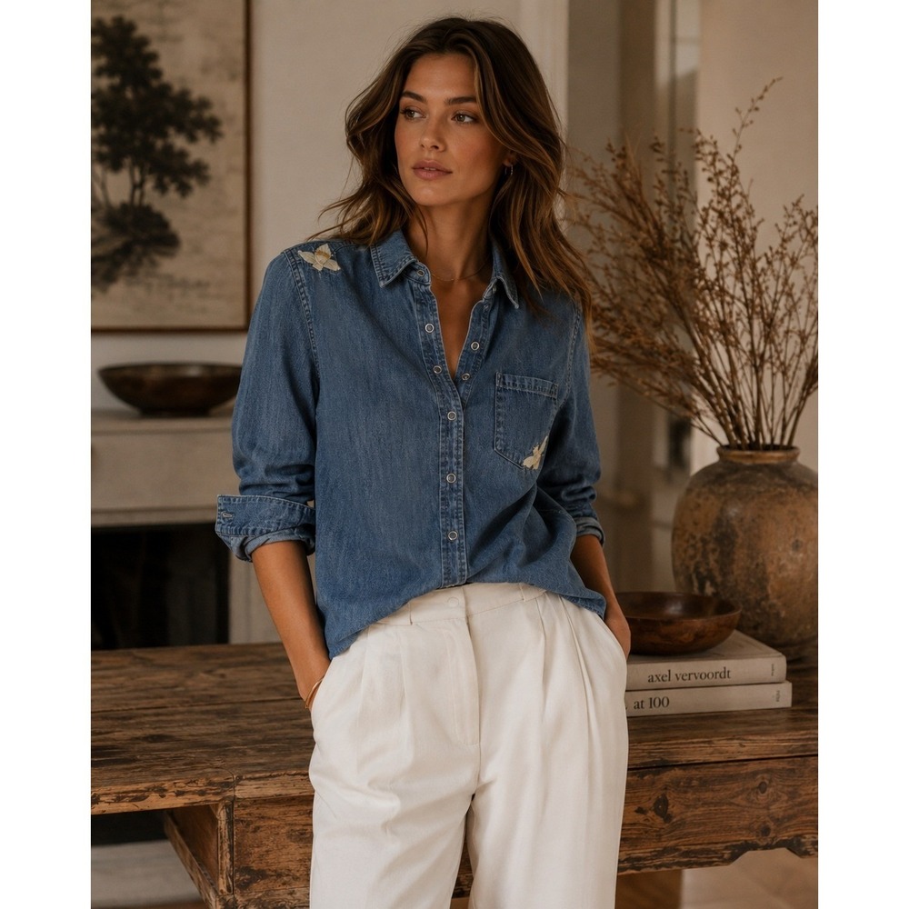 Adriano Goldschmied Shirt Womens Small Blue Joanna Denim Bee Embroidered Western